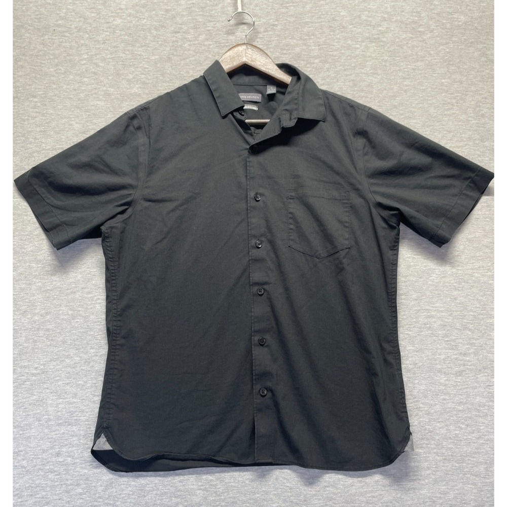 Van Heusen Shirt Men Medium Black Cotton Collared Casual Stretch Slim Fit Summer